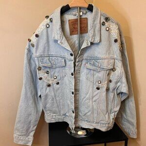 Levi’s Custom Embellished Oversized Handmade Lace and Button Denim Jacket